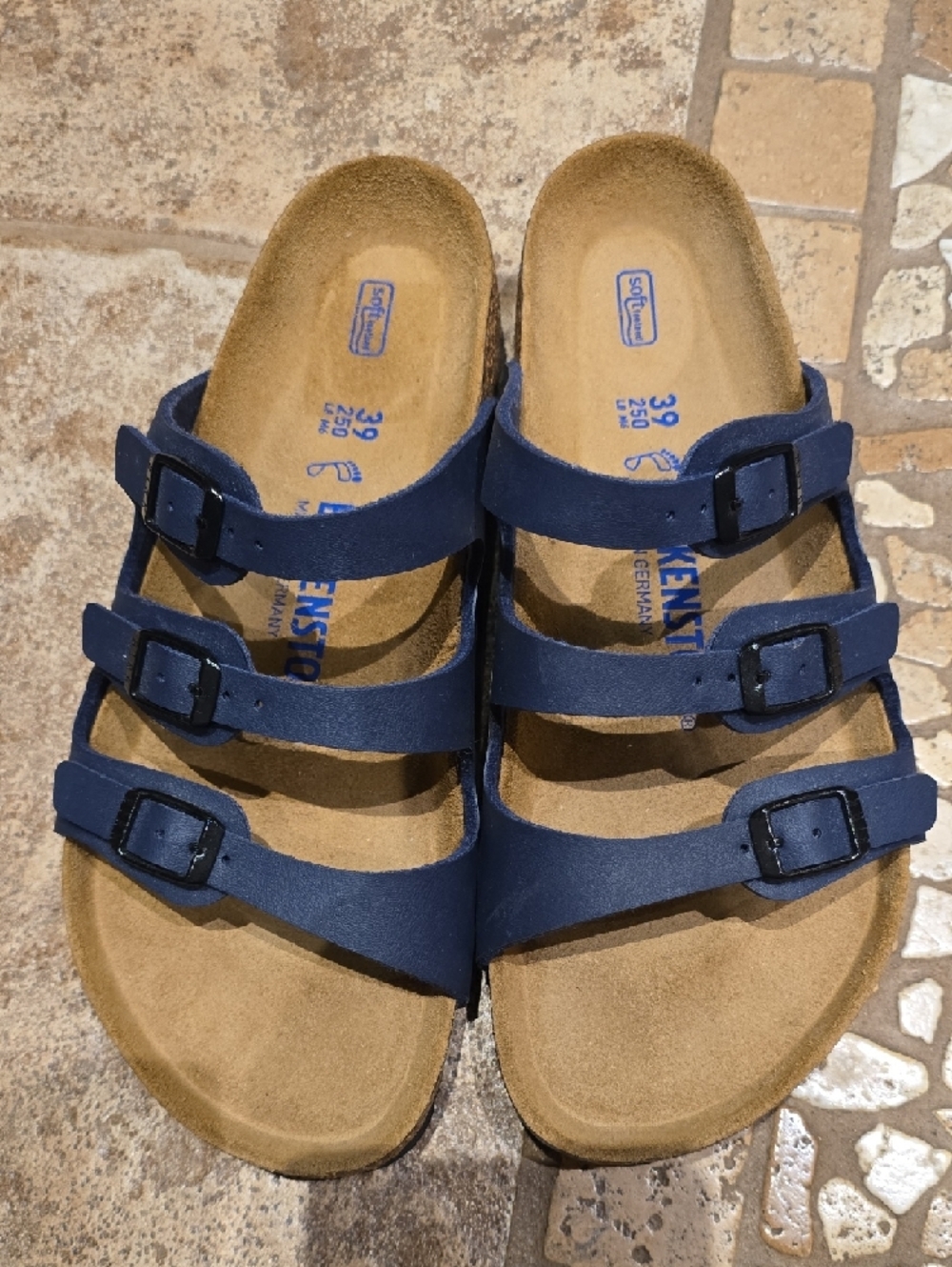 Birkenstock Navy Triple-Strap Soft Footbed Sandals - Picture 2 of 7